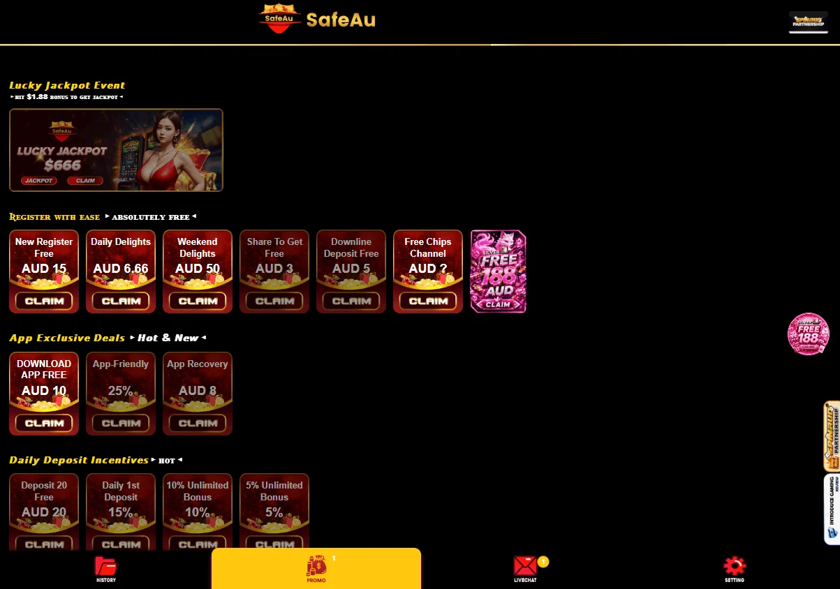 Safeau Casino desktop promotions interface with bonus and promotional offers